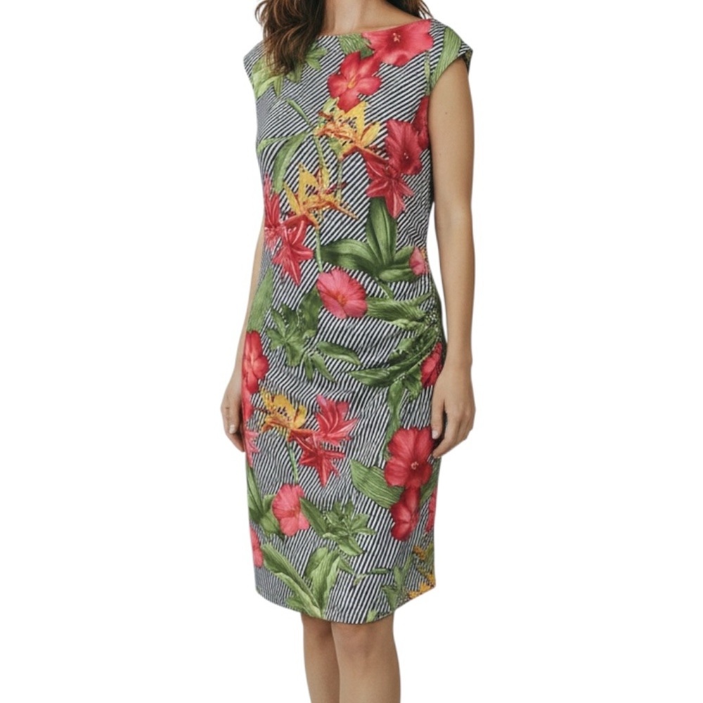 SCAPA Lauren Perre Dress Multicolor Tropical Floral Striped Print Pullover Sz S